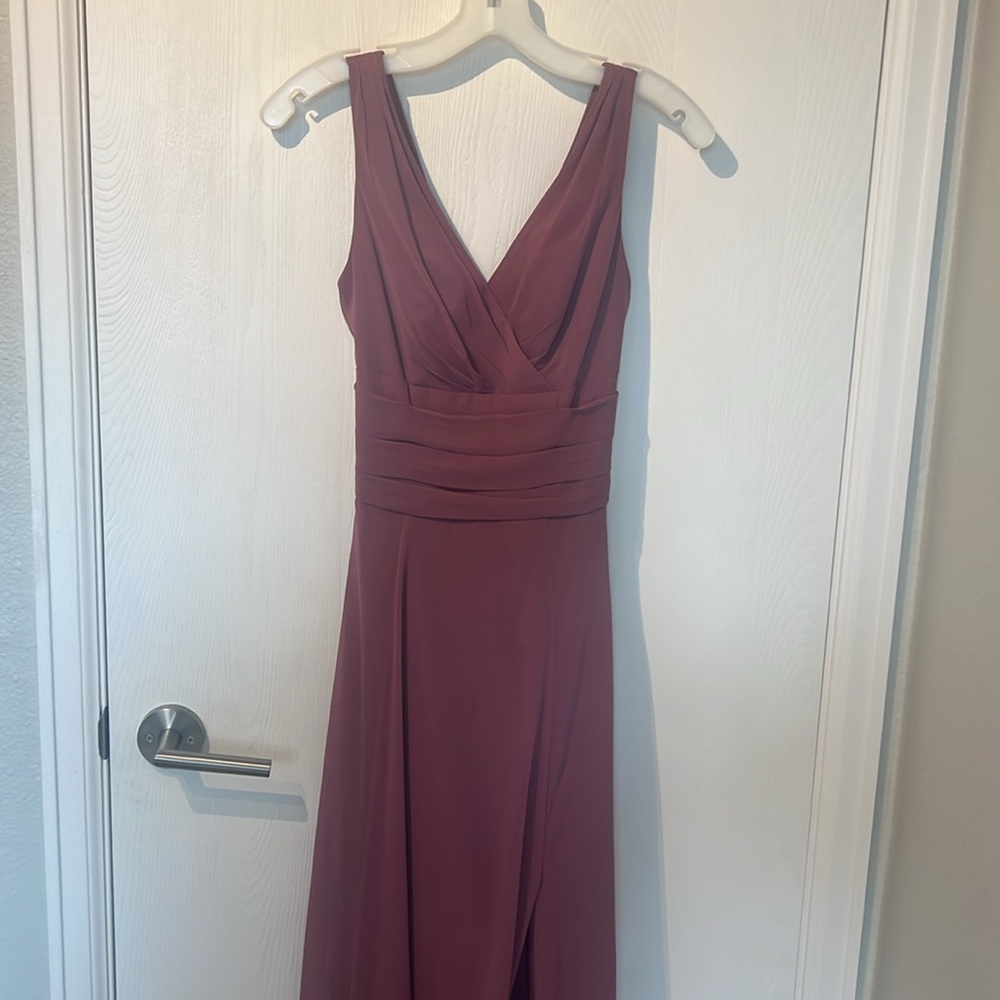 David's Bridal (F19831) Surplice Tank Long Chiffon Bridesmaid Dress in Chianti - Picture 4 of 11